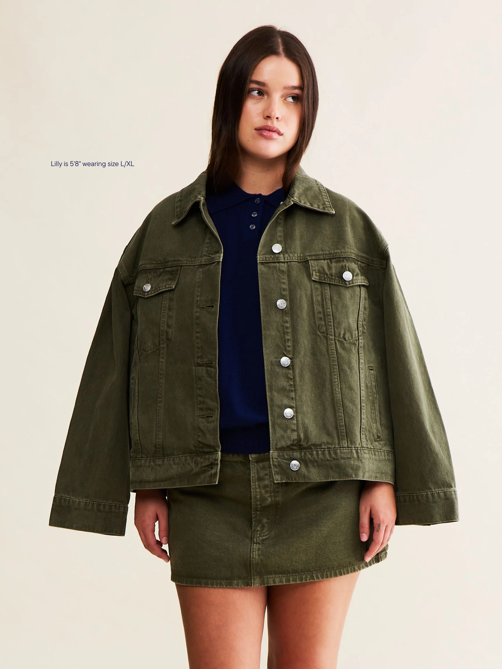 Oversized Denim Jacket - Olive - Image 2