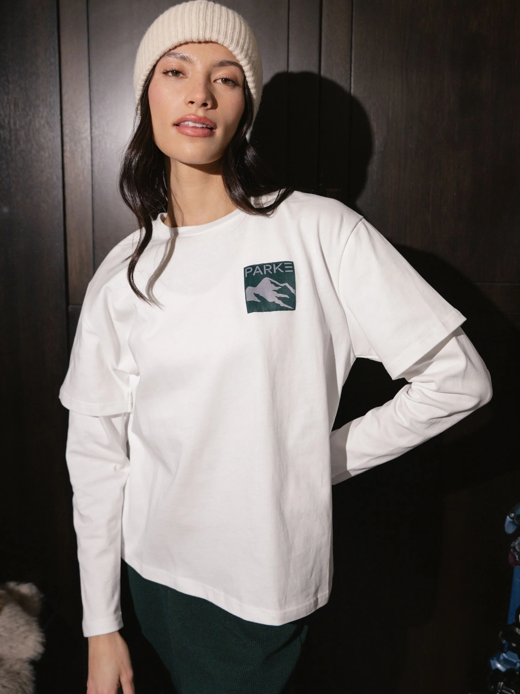 Layered Graphic Long Sleeve Shirt - White + Patch - Image 2